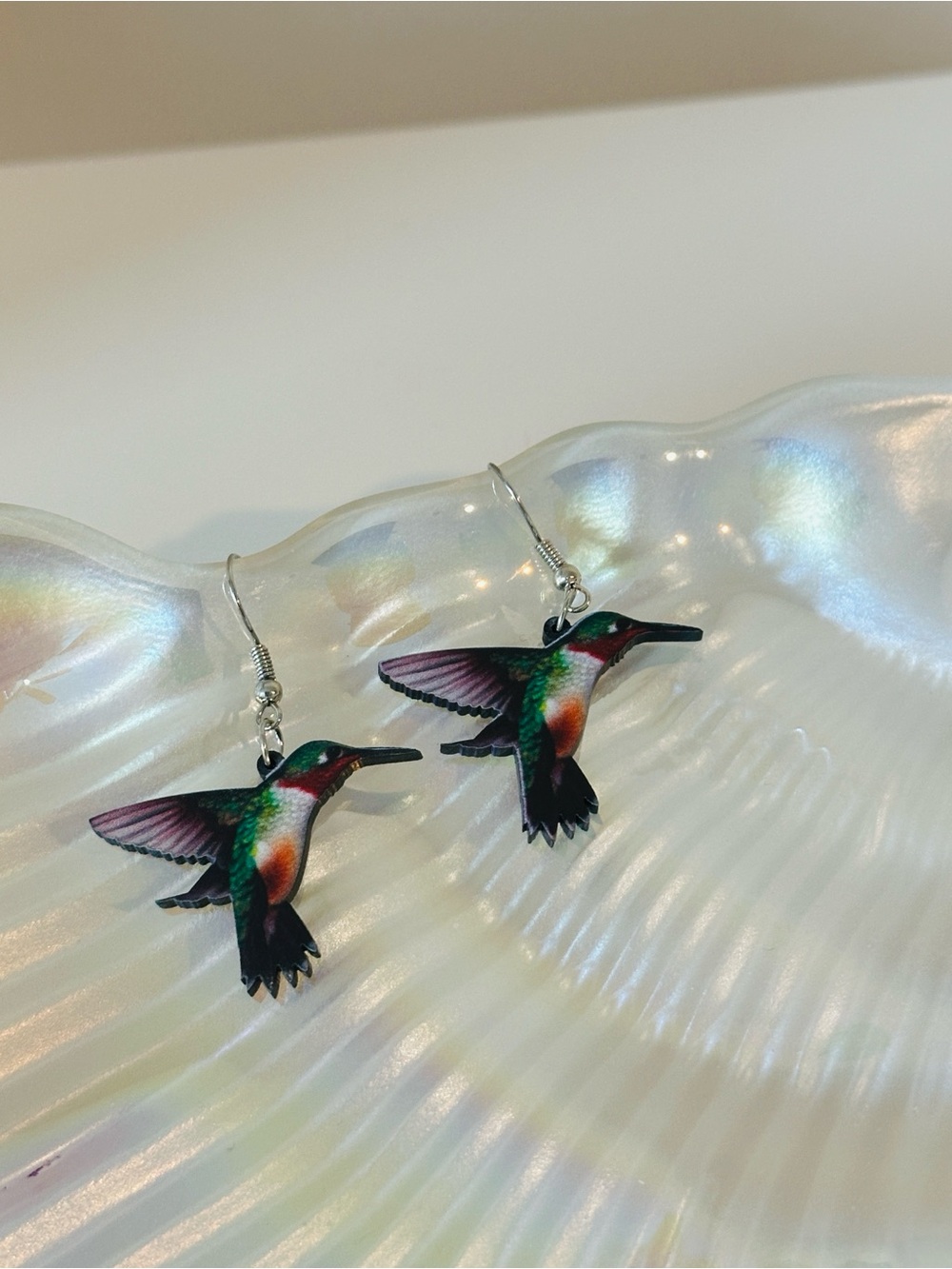 Fashion Jewelry Iridescent Hummingbird Earrings in Green and Red
